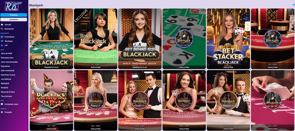 Tables de Blackjack Live sur Ra Casino