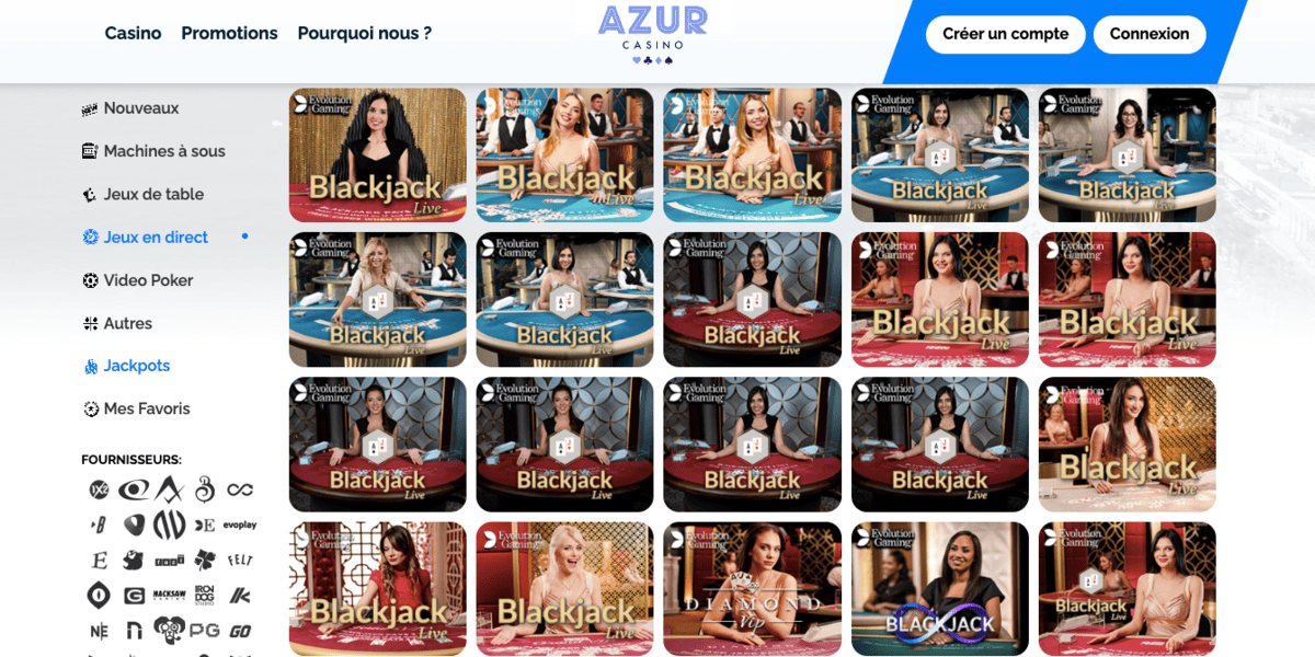 Blackjack en live sur Azur Casino